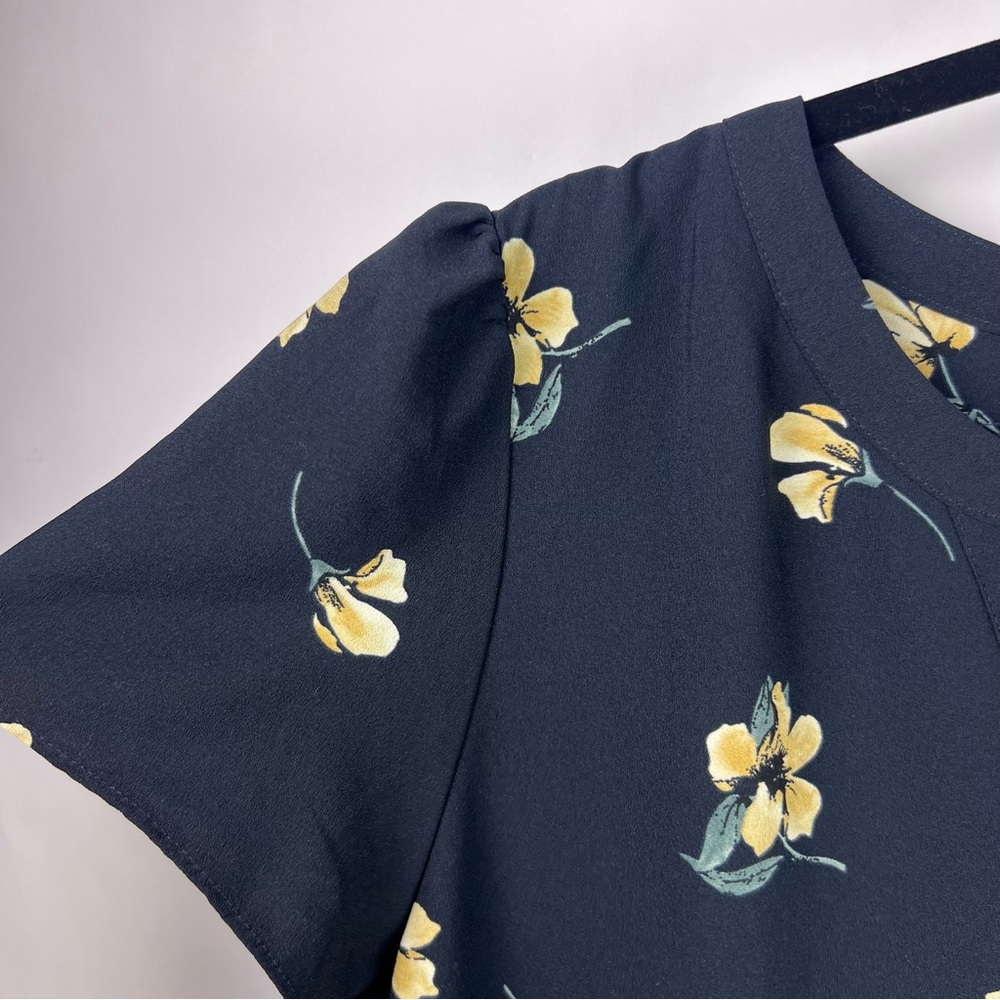 Hilary Radley Navy Floral Blouse, Yellow Flowers, Polyester, Flutter Sleeve Top - Picture 5 of 12